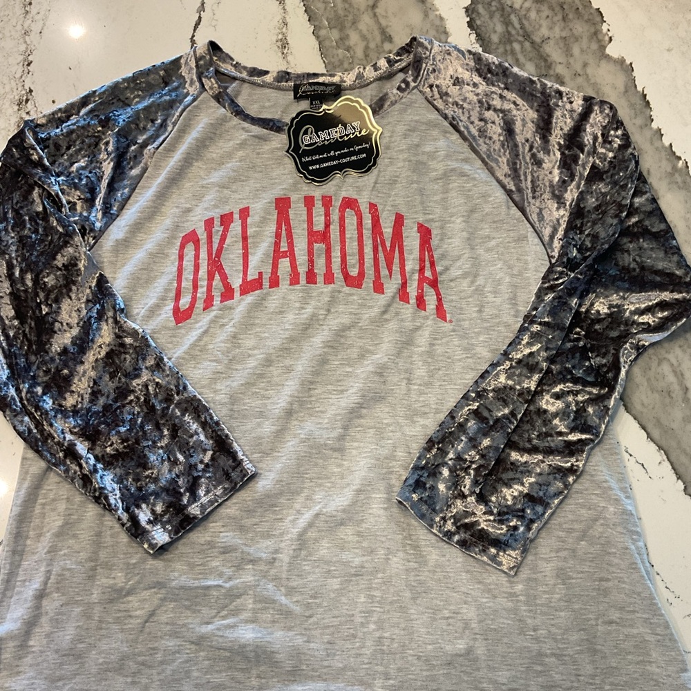 Gameday Couture Oklahoma T-Shirt with Panne Velvet Raglan Sleeves XXL